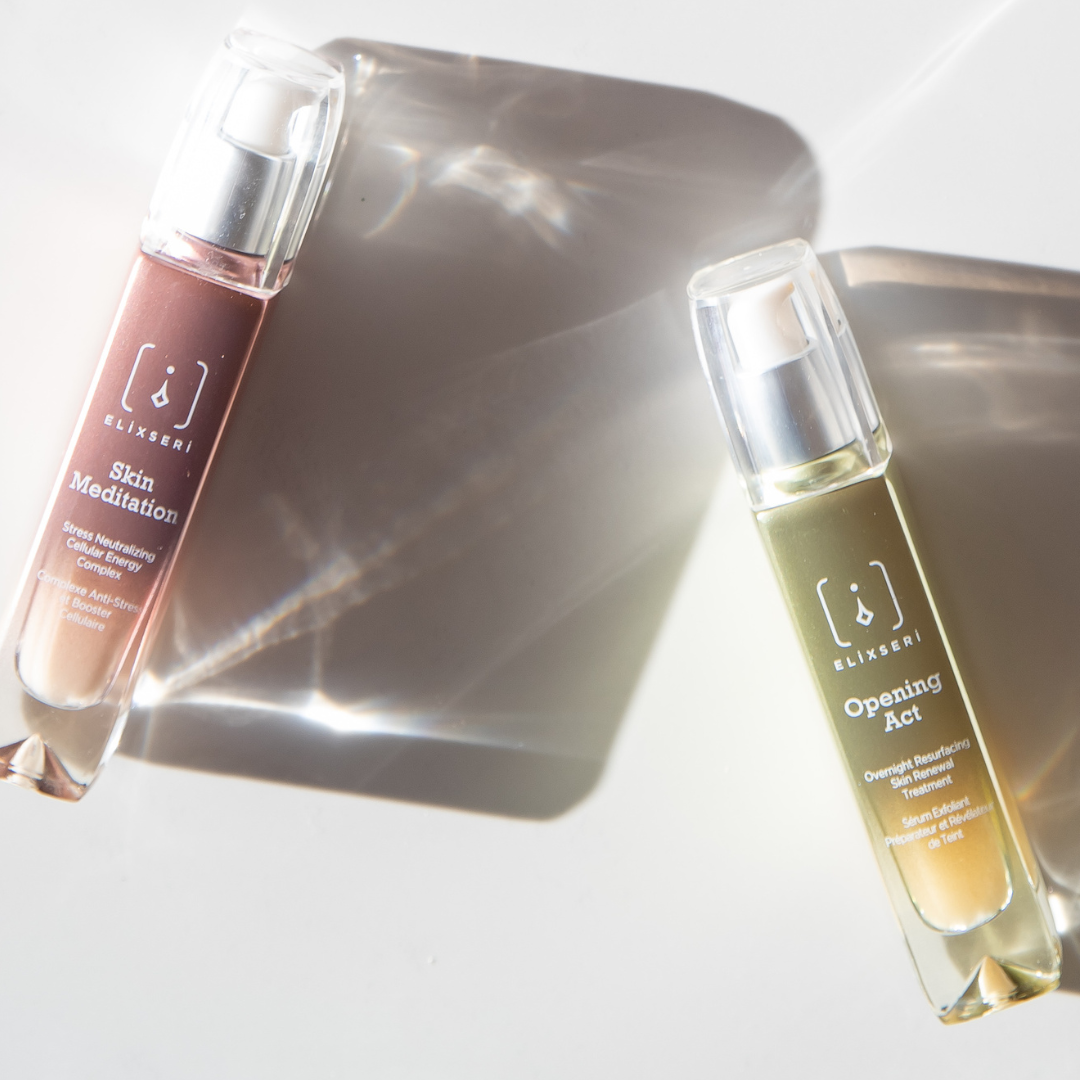 Elixseri Skin meditation and elixseri opening act skin serums pictured side by side with large shadows