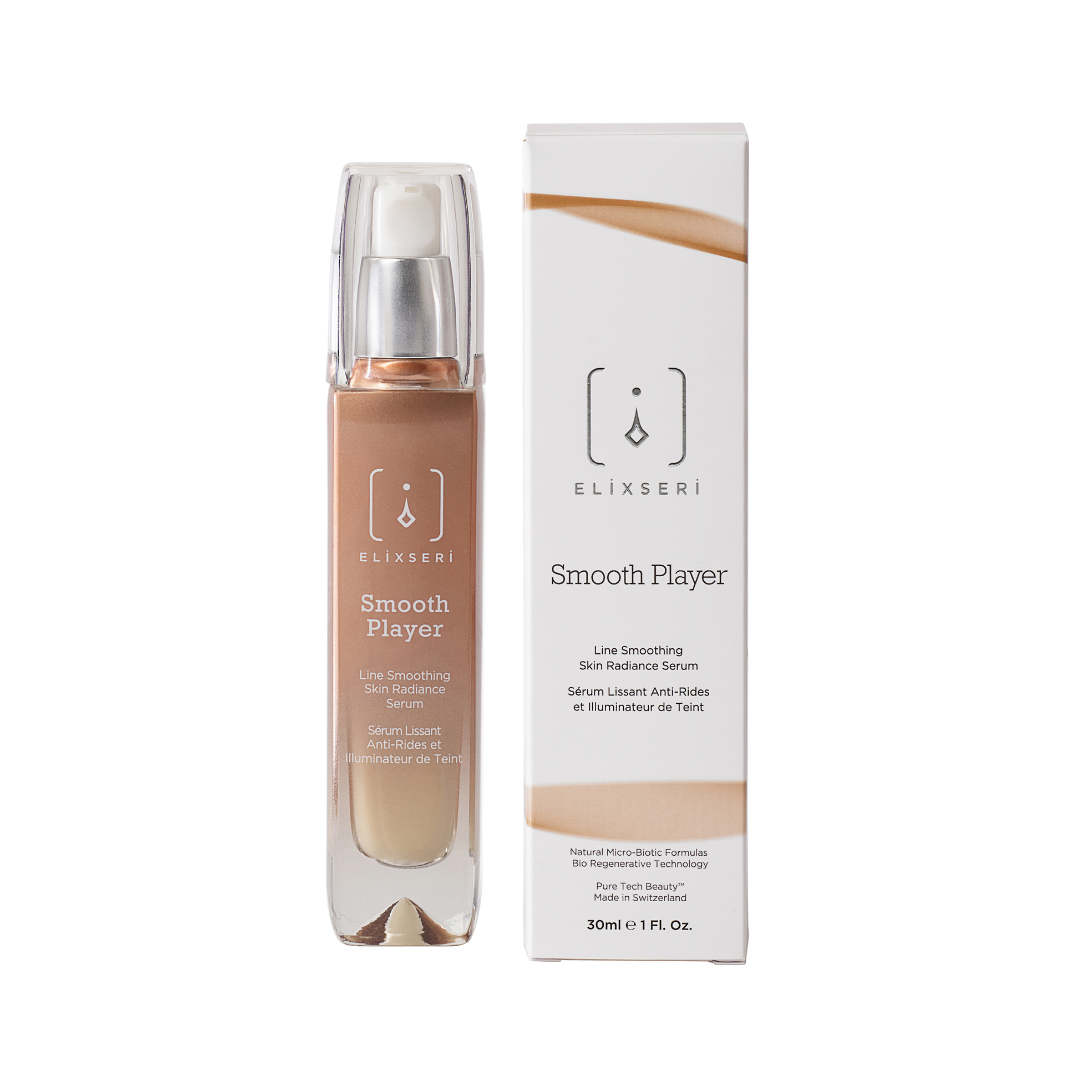 Elixseri's Smooth Player product and packaging. A hydrating, line smoothing and skin radiance serum.