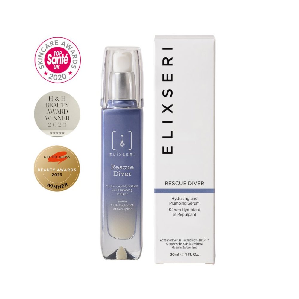 A blue bottle of Elixseri Rescue Diver hydrating serum, beauty award winner 2023 and 2020.