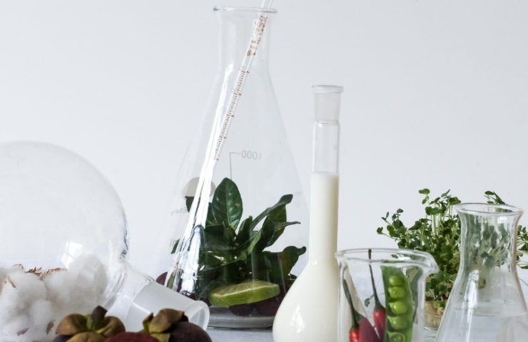 Natural skincare ingredietns in glass science apparatus pictured on a white background.
