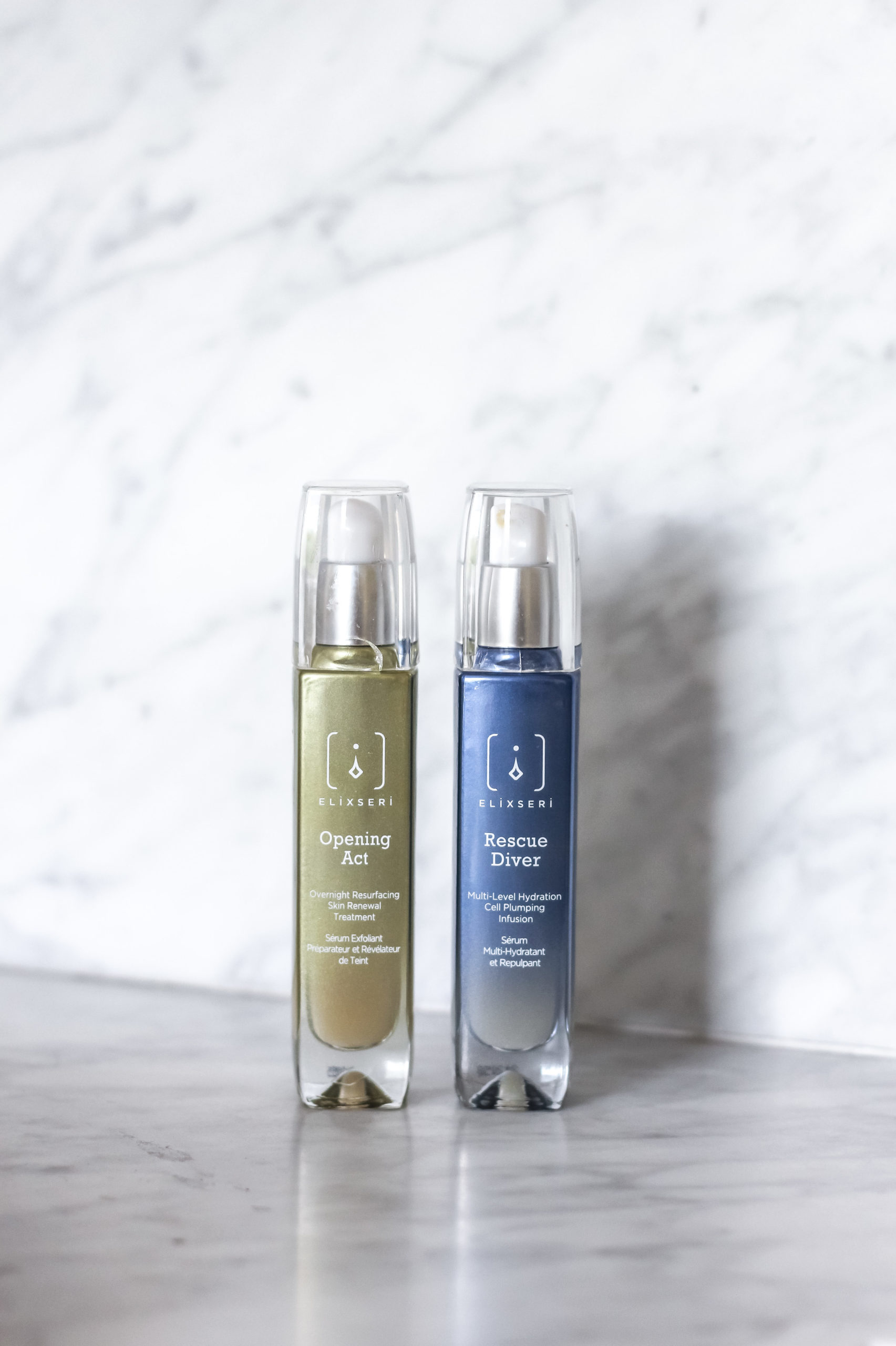 Elixseri serums in a bathroom setting. Opening Act overnight resurfacing serum and Rescue Diver multi-level hydrating serum are Suzanne Duckett's favourite serums.