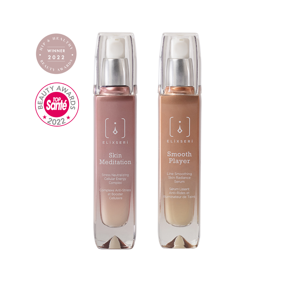 Elixseri's lipid replenishing skin treatment duo of Smooth Player and Skin Meditiation. Two skin serums sat side by side with their award winning logos pictured.