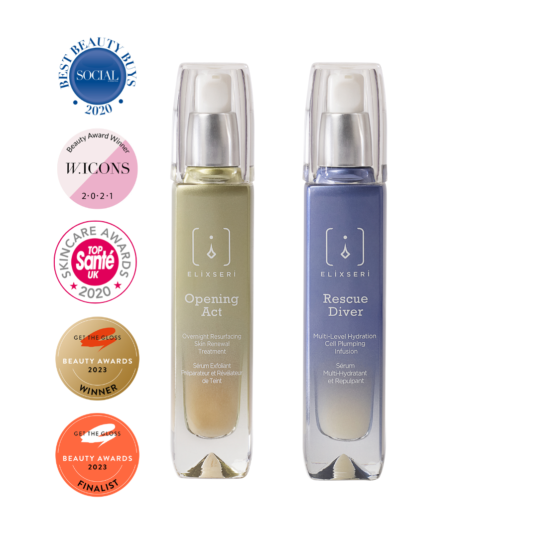 Elixseri's Fresh Start Duo product image with rescue diver and opening act serums and their awards logos