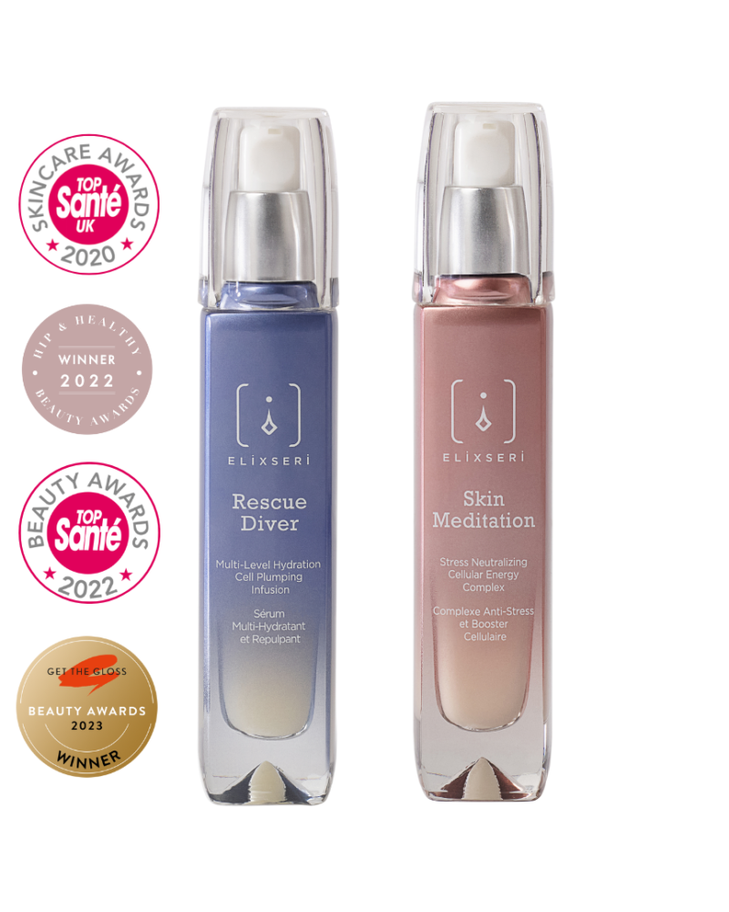Hydration Heroes duo consisting of Elixseri serums Rescue Diver and Skin Meditation