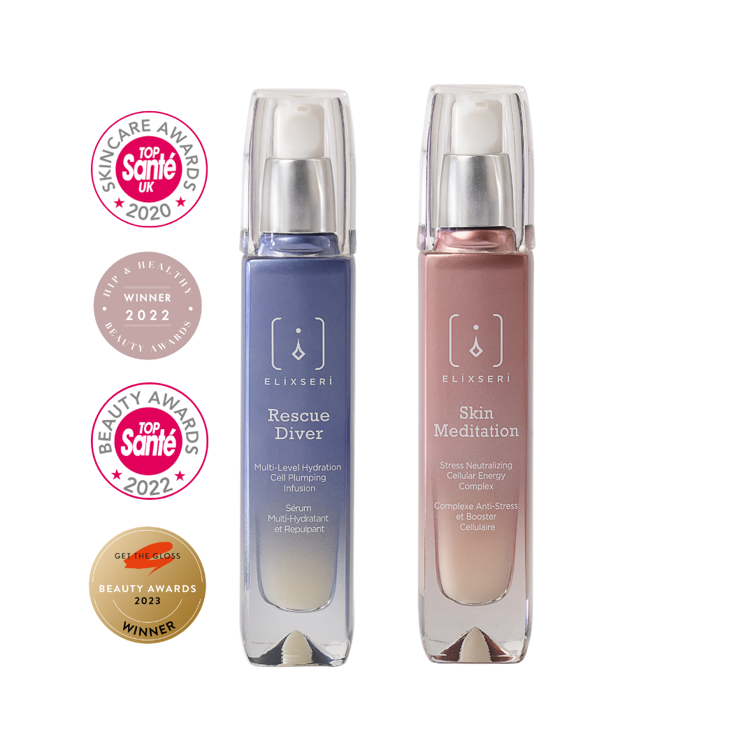 Hydration Heroes duo consisting of Elixseri serums Rescue Diver and Skin Meditation