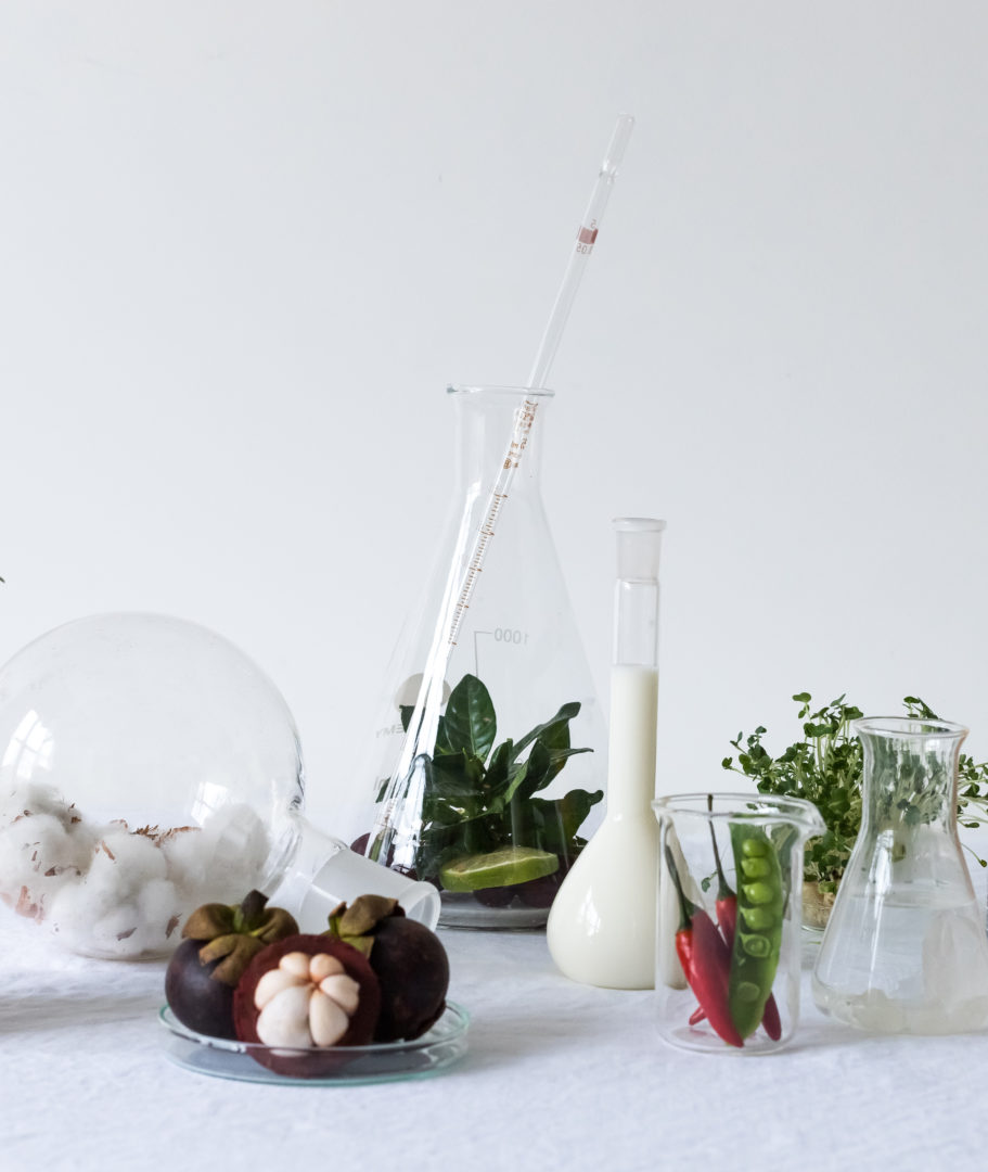 Some of Elixseri's natural ingredients displayed inside scientific glassware.