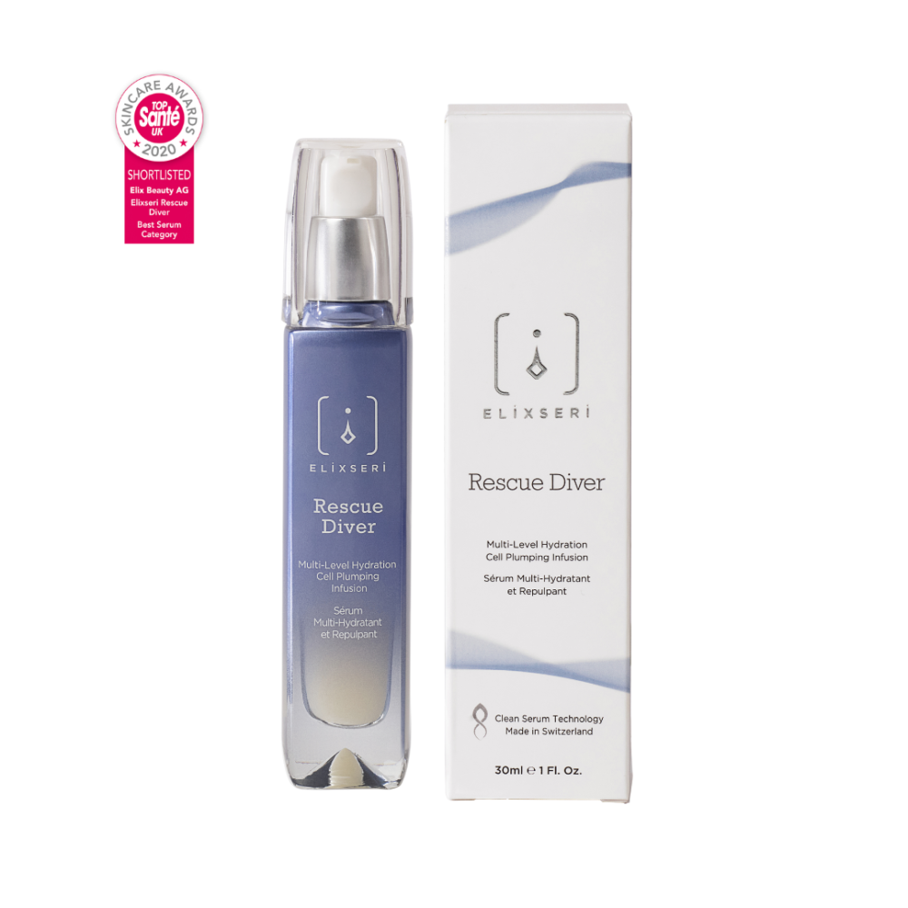 Elixseri's Rescue Diver product and packaging. A hydrating and cell plumping serum with an award icon for Top Santé best serum 2020.