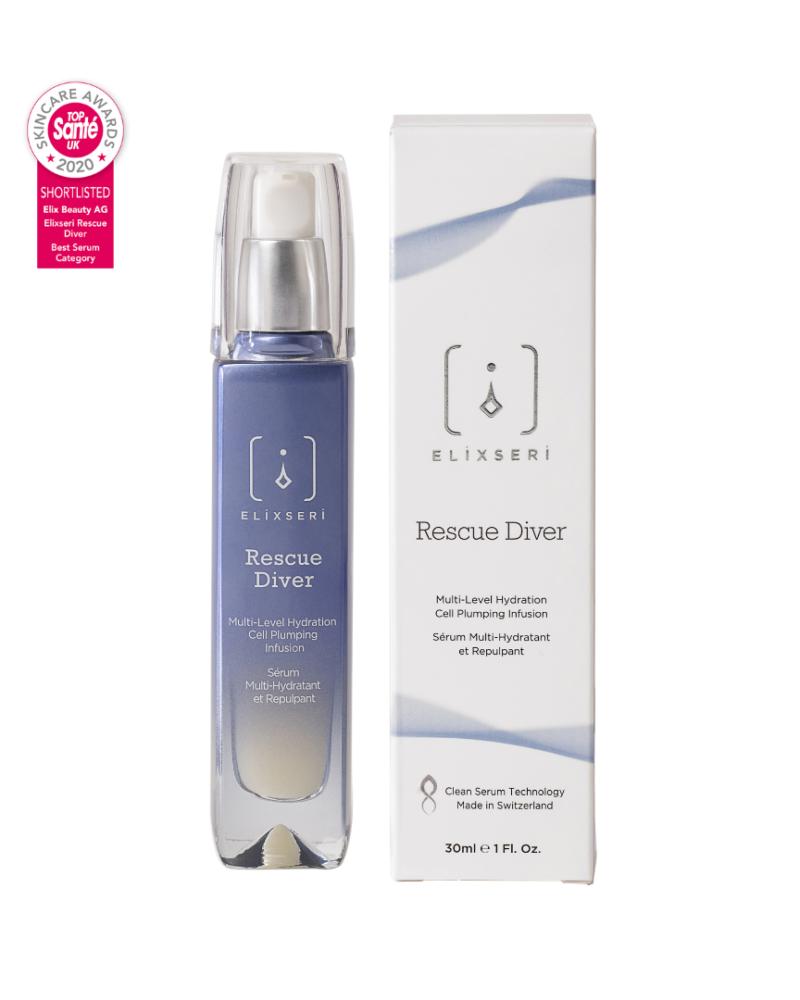 Elixseri's Rescue Diver product and packaging. A hydrating and cell plumping serum with an award icon for Top Santé best serum 2020.