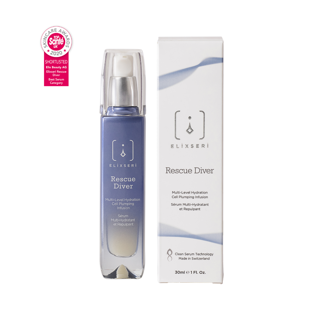 A blue bottle of ElixseriRescue Diver cell plumping hydrating serum