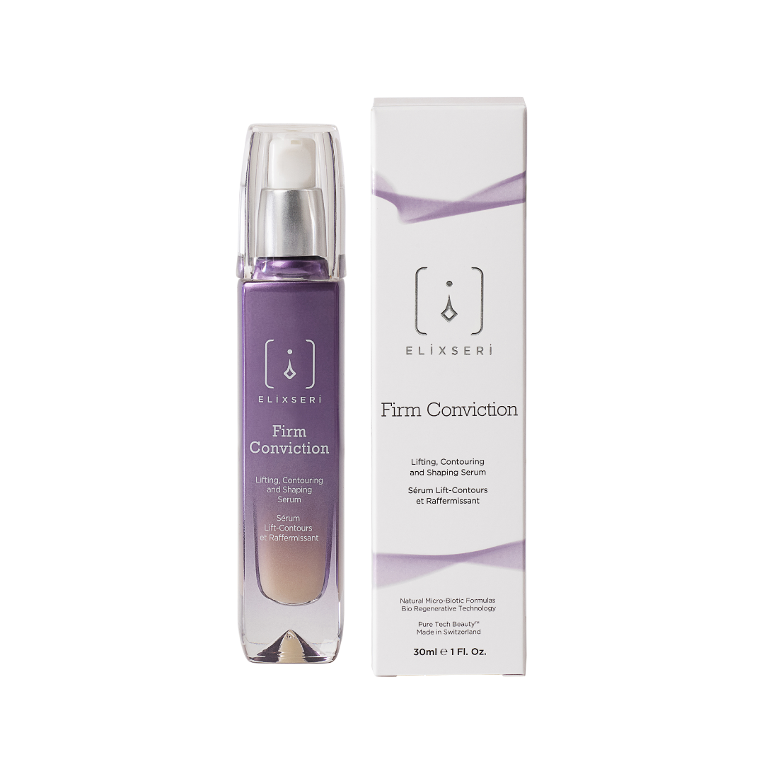 A purple bottle of Elixseri Firm Conviction lifting and firming serum