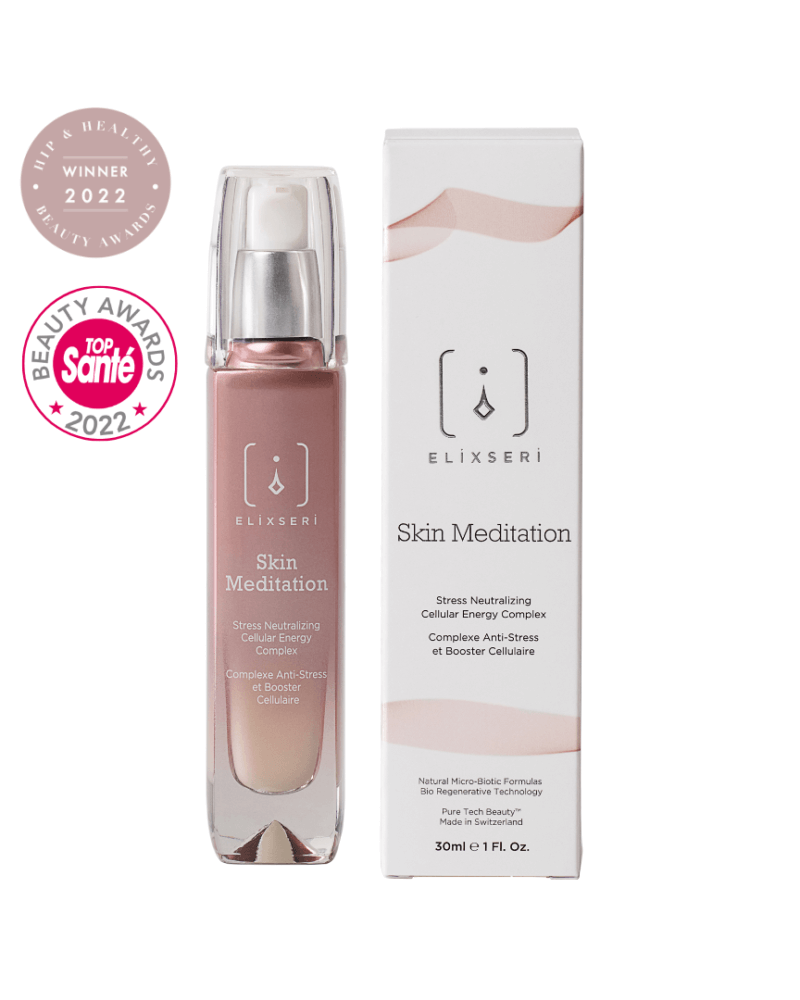 Elixseri's Skin Meditation product and packaging. An anti-stress, anti-redness serum with award icons for Top Santé Beauty Awards 2022 and Hip & Healthy Beauty Awards 2022