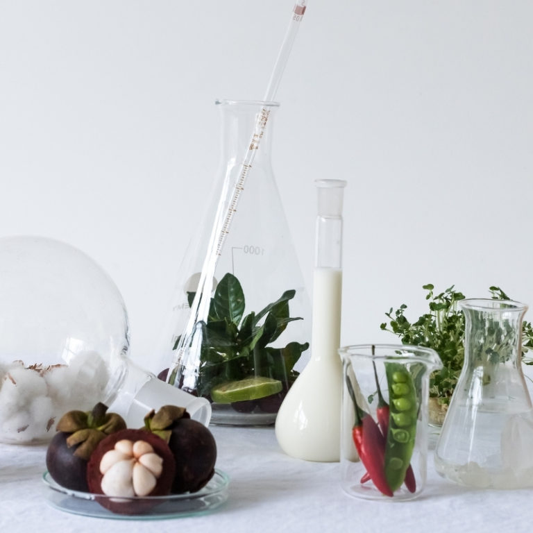 Natural skincare ingredietns in glass science apparatus pictured on a white background.