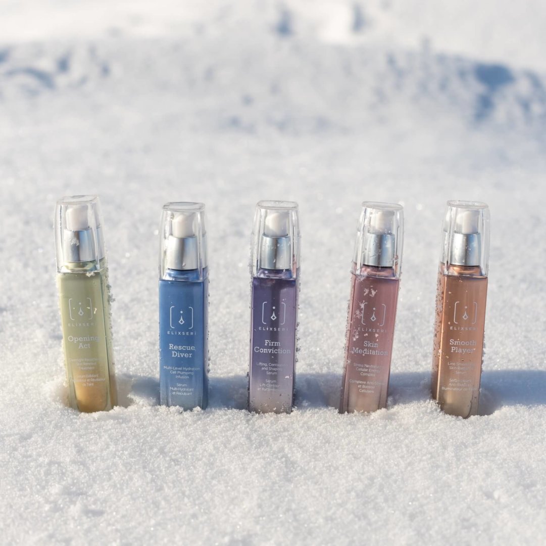 Elixseri serums lined up in the snow