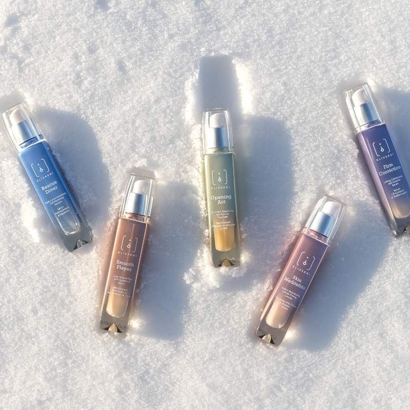 elixseri winter skincare serums on snow