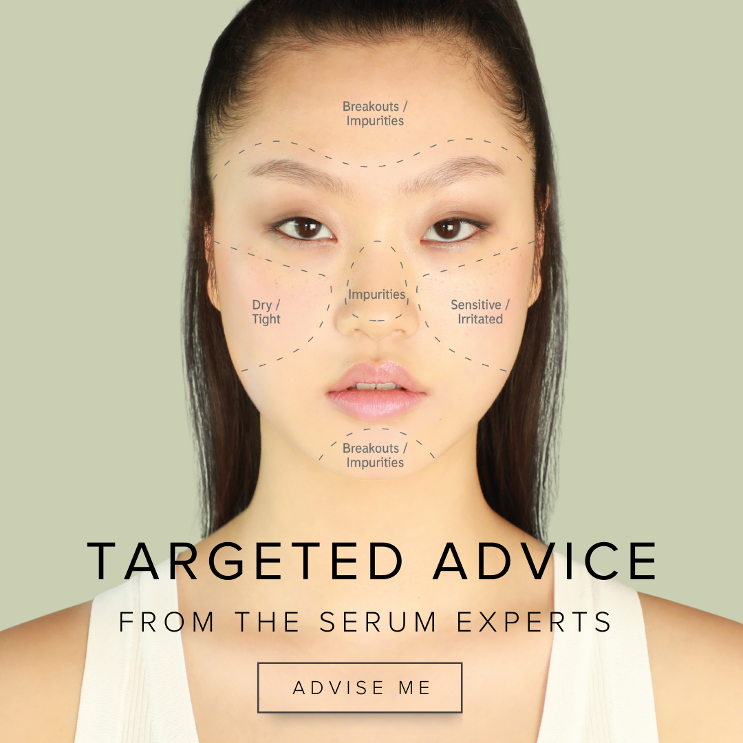 Image with face zones mapped out on a woman's skin to demonstrate the targeted advice from the serum experts provided by Elixseri