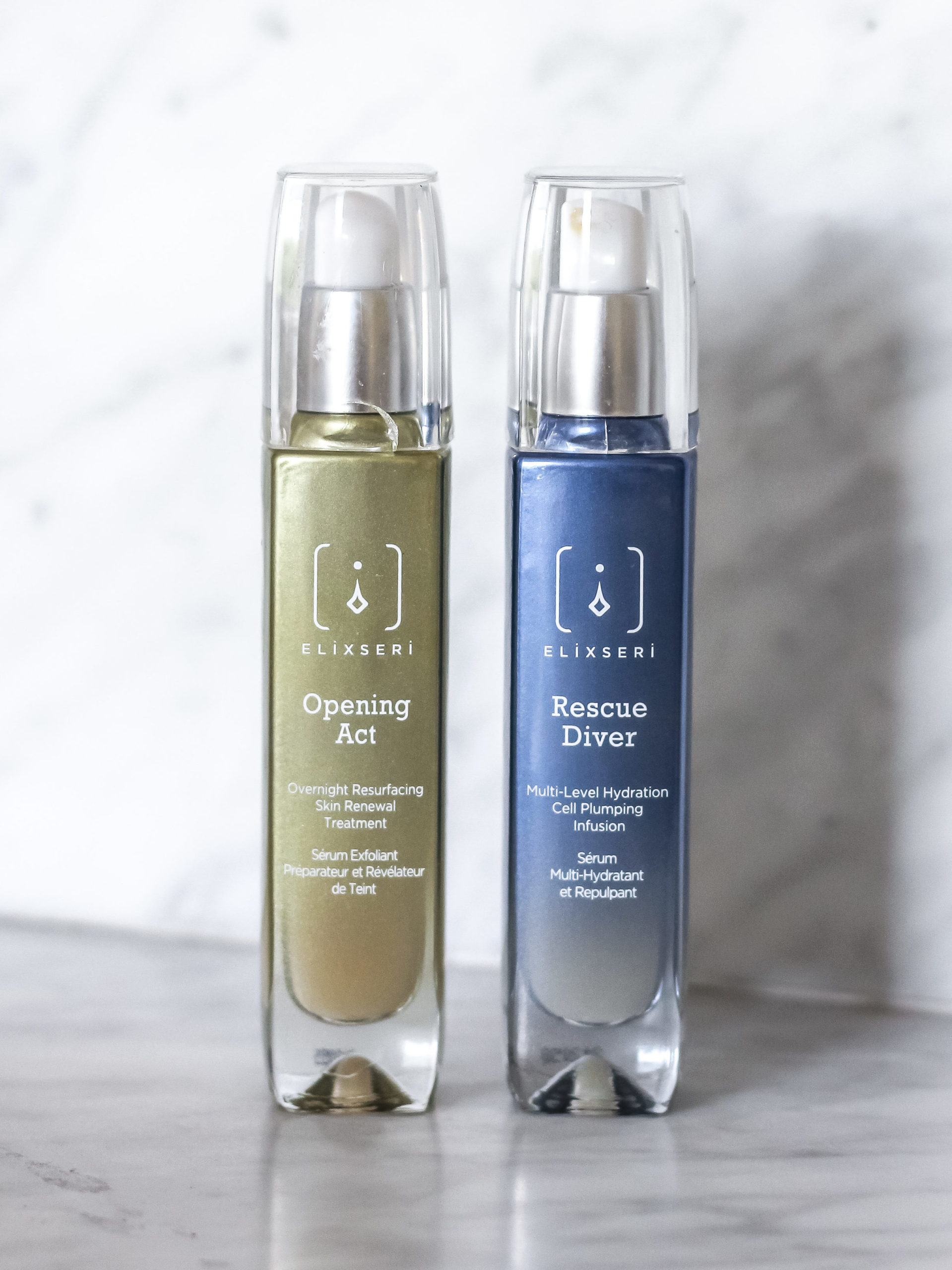 Elixseri serums in a bathroom setting. Opening Act overnight resurfacing serum and Rescue Diver multi-level hydrating serum are Suzanne Duckett's favourite serums.