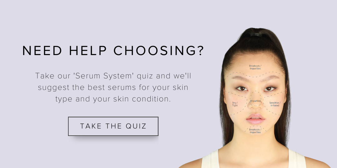 Image of a woman's face with different skin zones mapped out. Take our Serum System quiz and we'll suggest the best serums for your skin type and your skin condition.