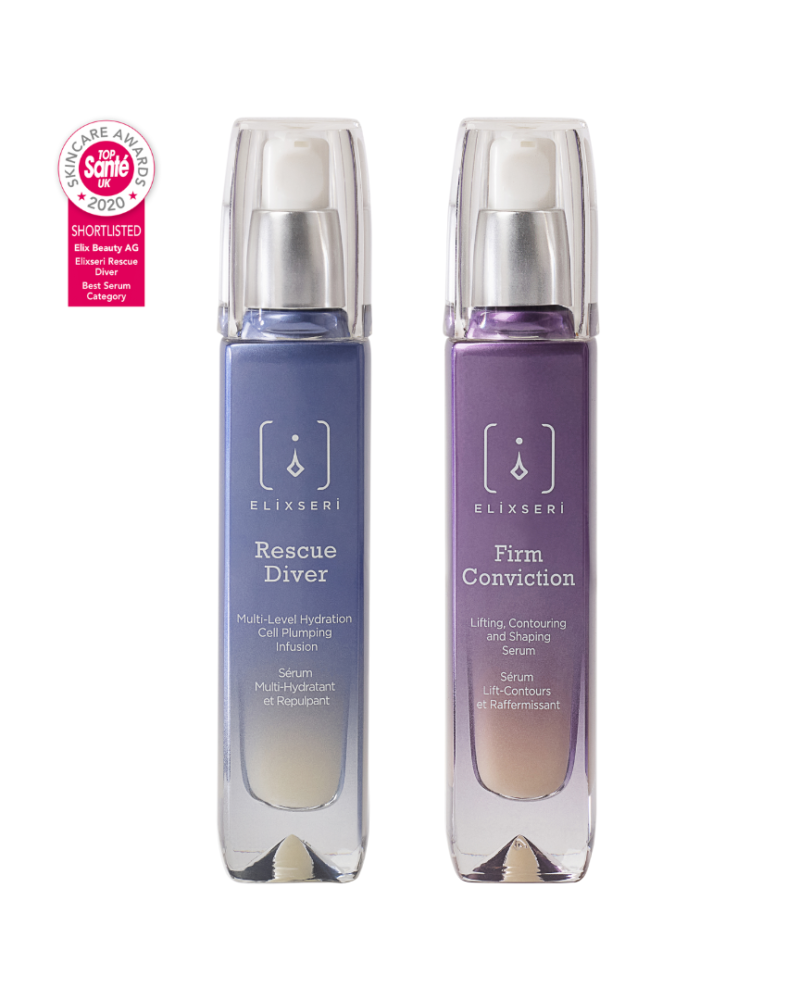 Elixseri Rescue Diver cell plumping skin serum and Elixseri Firm Conviction lifting, contouring and shaping skin serum