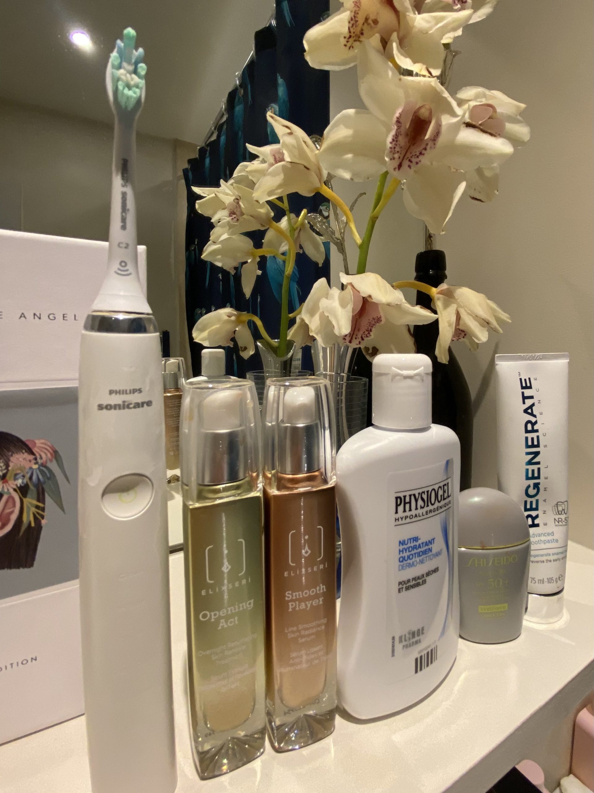 Elixseri's Opening Act andSmooth Player facial serums lined up with other toiletries as part of Tara Matthews' daily beauty routine