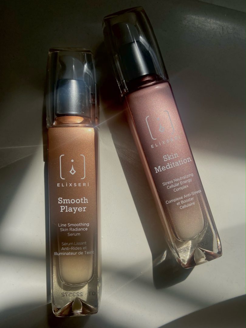 Elixseri Smooth Player serum and Skin Meditation serum pictured together as a great skincare routine duo.