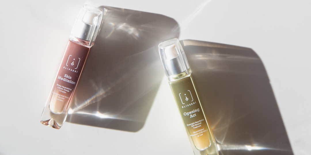 Elixseri's Skin Meditation skin serum and Opening Act skin serum pictured lying down with deep shadows on the right from the light