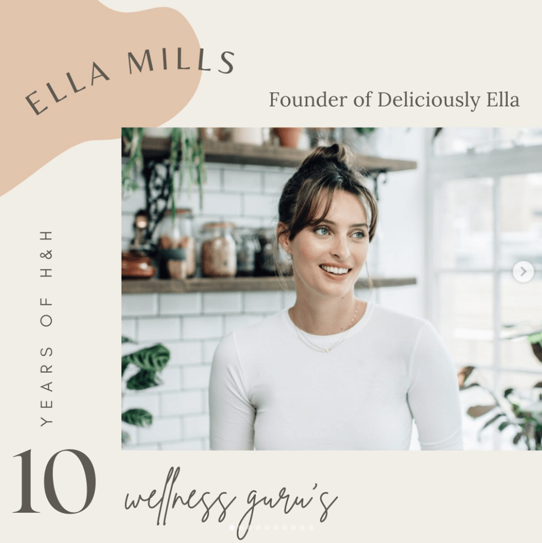 Photo d'Ella Mills, fondatrice de Deliciously Ella, célébrant les dix ans du magazine Hip and Healthy en tant que l'un de ses gourous du bien-être.