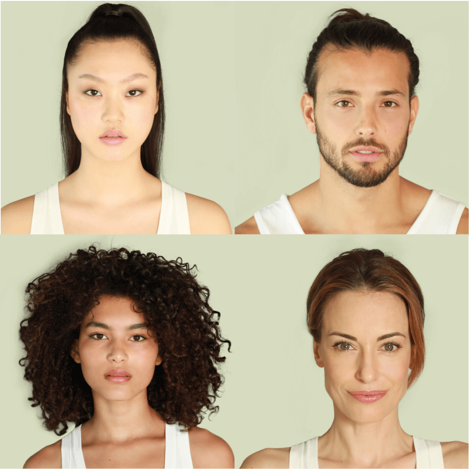 Vier Bilder von Gesichtern, die verschiedene Elixseri-Kunden darstellen. 
