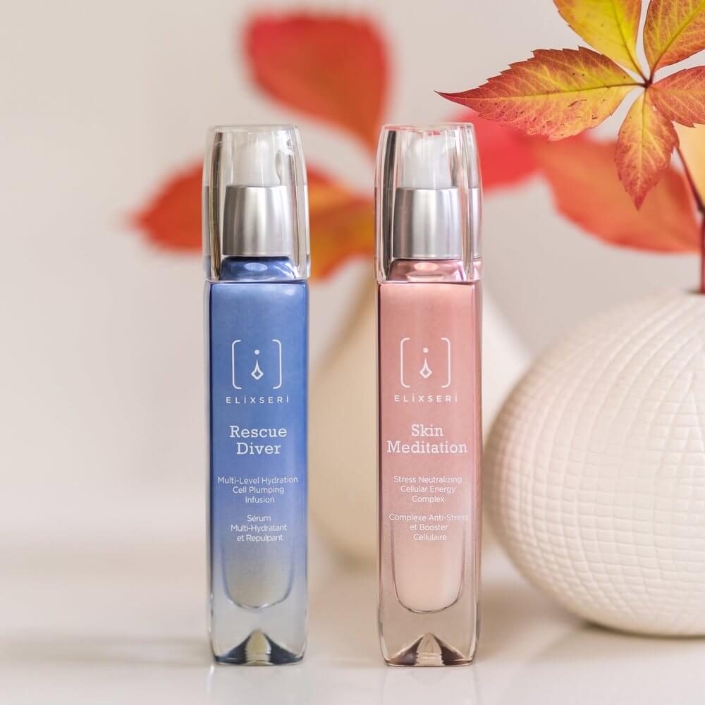 Elixseri's dehydrated skin treatment duo of Rescue Diver and Skin Meditiation. Two skin serums sat side by side in front of Autumn leaves