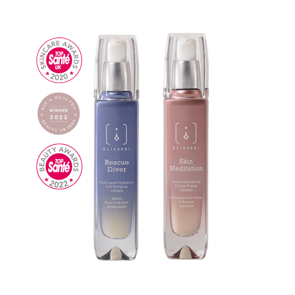 Elixseri's dehydrated skin treatment duo of Rescue Diver and Skin Meditiation. Two skin serums sat side by side with their award winning logos pictured.