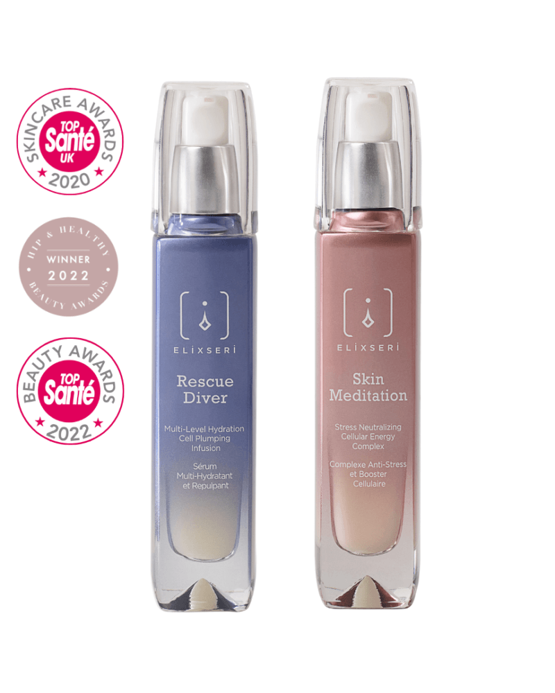 Elixseri's dehydrated skin treatment duo of Rescue Diver and Skin Meditiation. Two skin serums sat side by side with their award winning logos pictured.