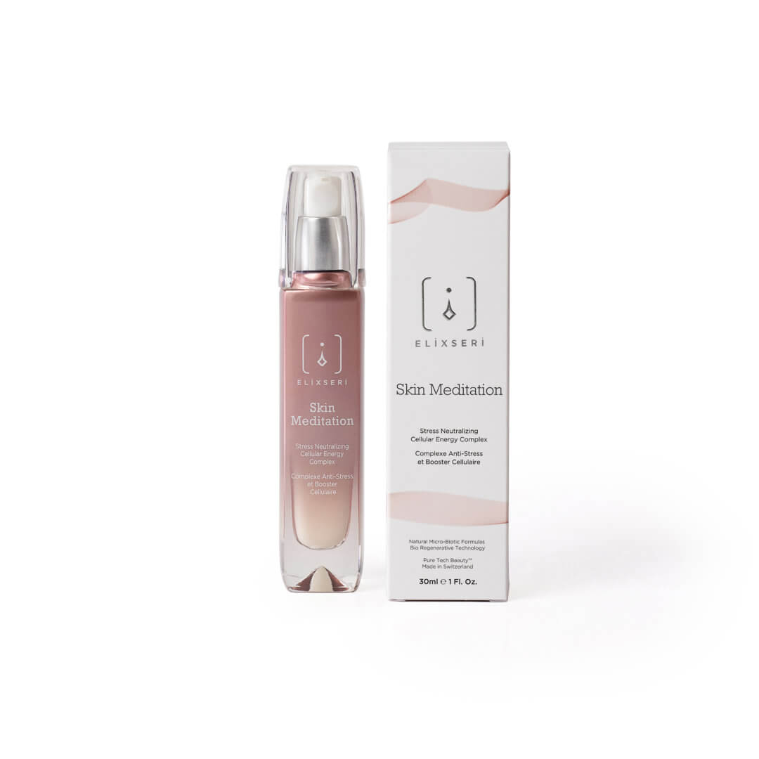 A pink glass bottle of Elixseri Skin Meditation serum pictured with it's box.
