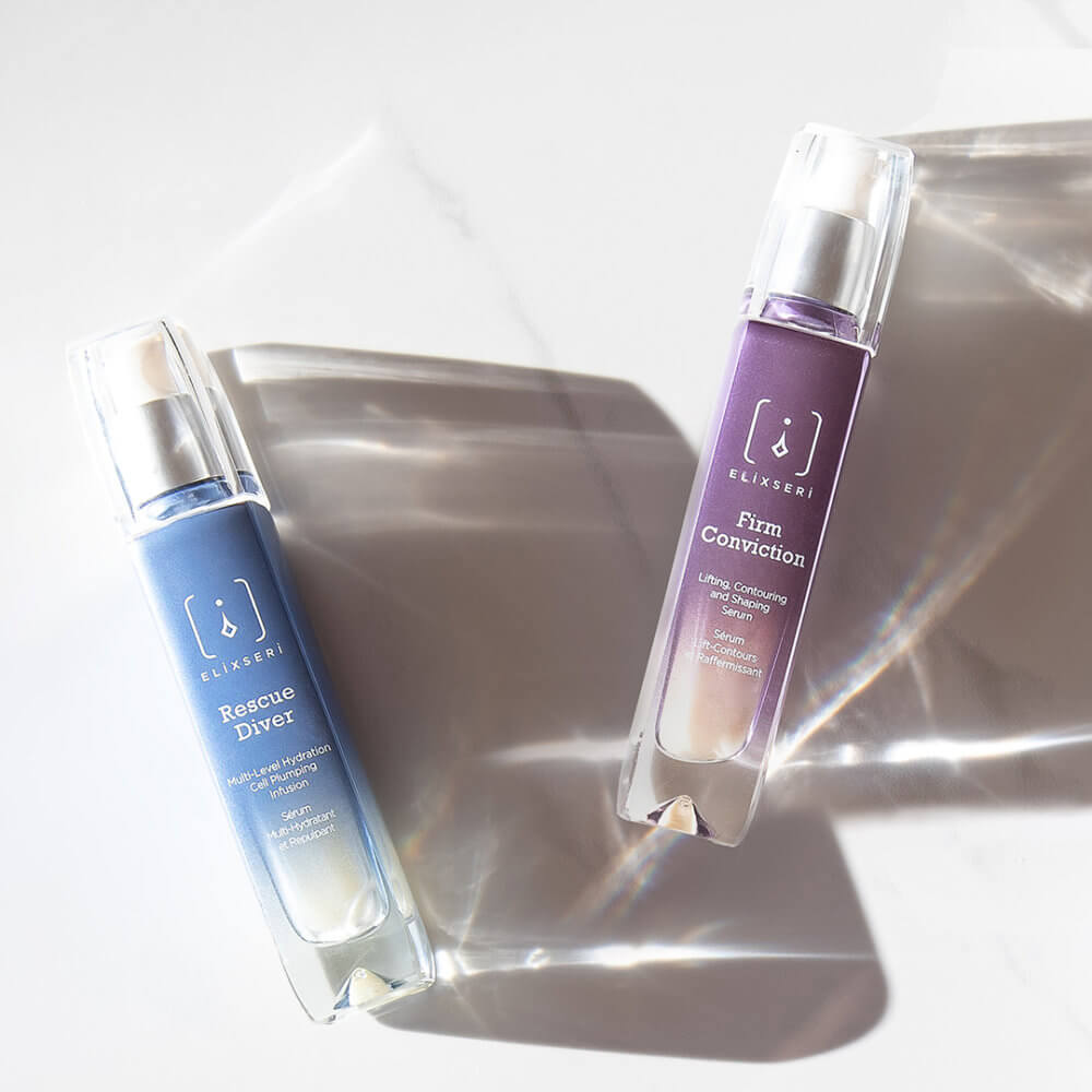 Elixseri serums. Collagen boost duo containing Rescue Diver and Firm Conviction