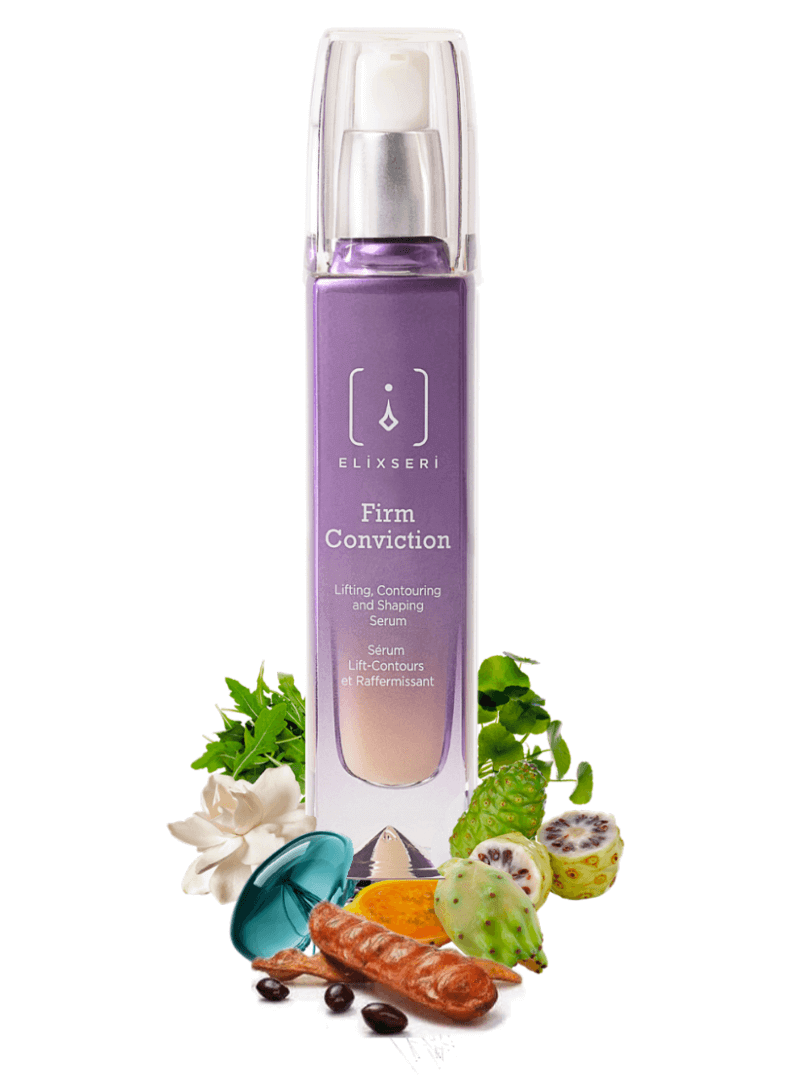 Purple glass bottle of Elixseri Firm Conviction serum with it's key ingredients.