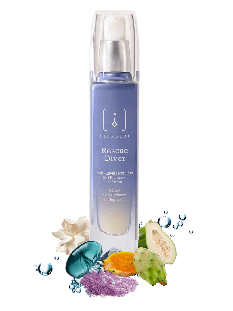 Blue glass bottle of Elixseri Rescue Diver serum with it's key ingredients.