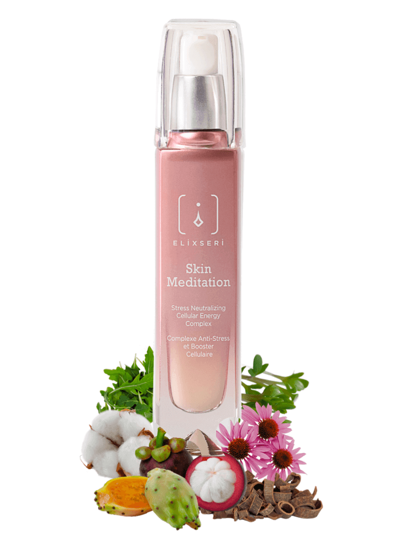 eine rosafarbene Glasflasche mit dem Serum Elixseri Skin Meditation und seinen wichtigsten Inhaltsstoffen.