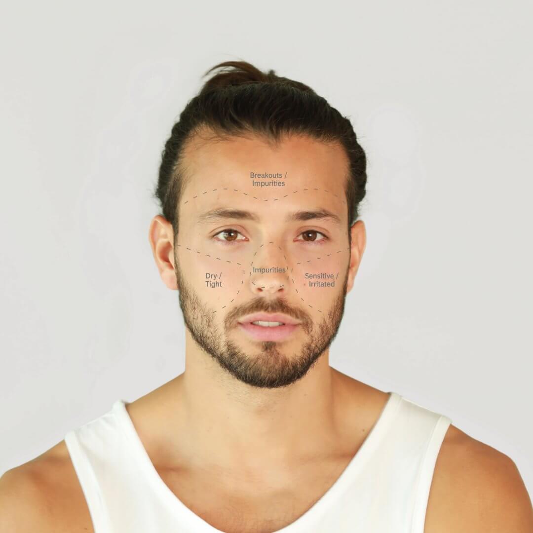 A bearded brunette man with his skin concerns written on his face to establish and explain his skin type. 