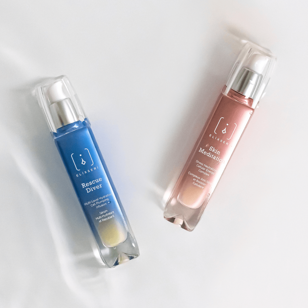 Elixseri glass serum bottles - rescue diver and skin meditation - the hydrating heroes duo.